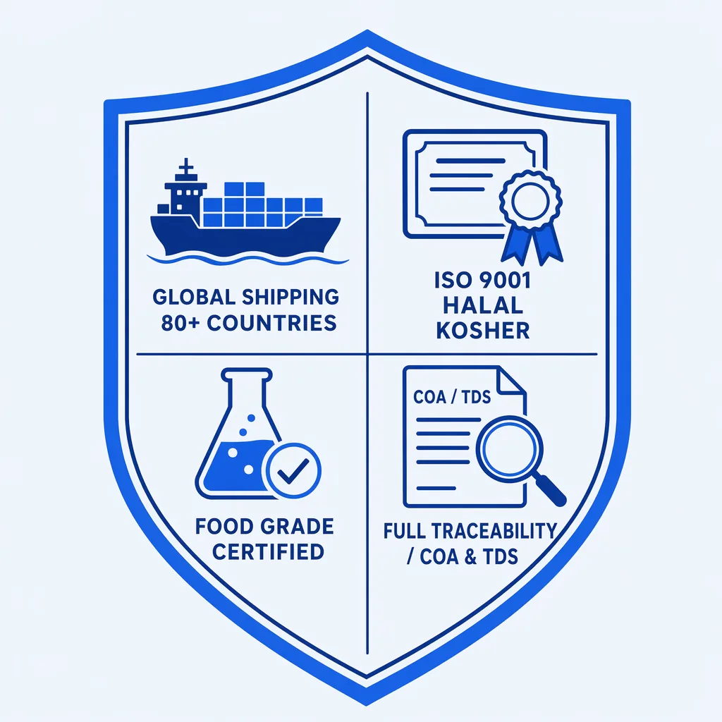 Alkaline Protease quality &amp; certifications badge — ISO 9001, HALAL, KOSHER, Food Grade